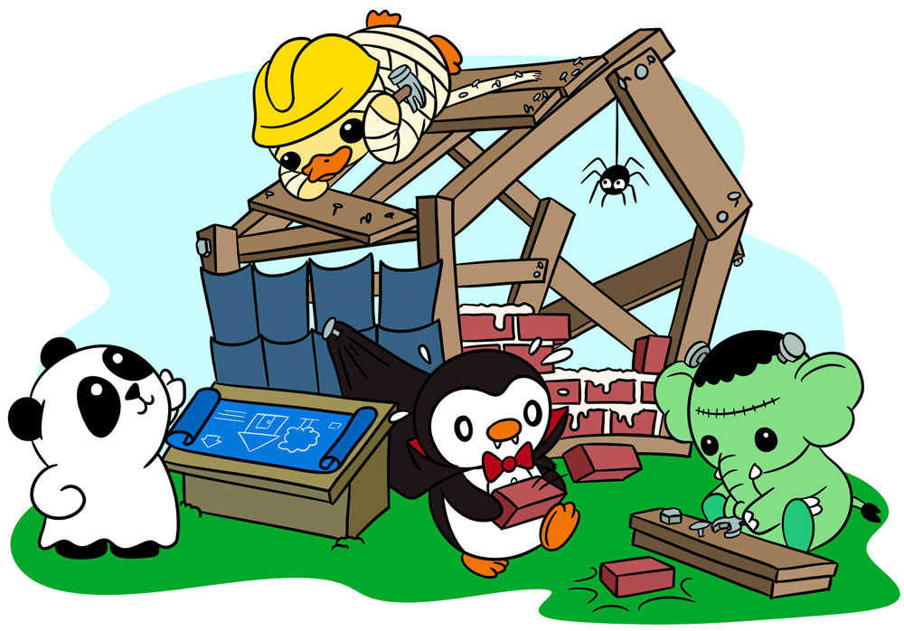Pandaghost, Mumit Duck, Lord Pingu and Frank O'Phant are building a house poorly.